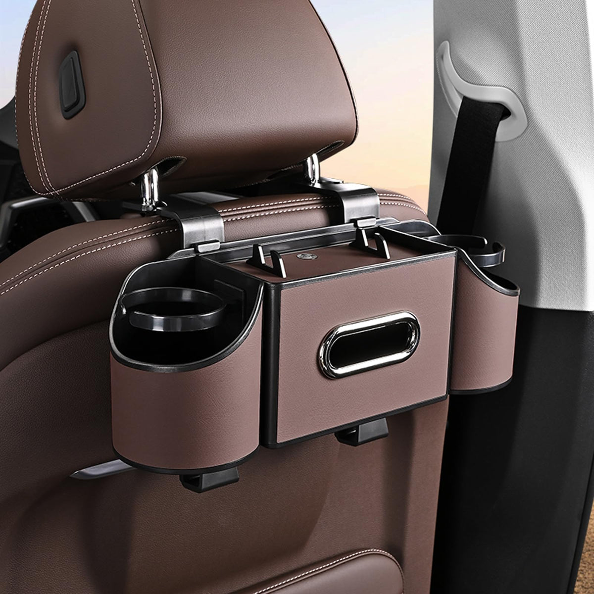 Back Seat Car Organizer,4 in 1 Multifunctional Car Back Seat Storage Box with Drink Cup Holder Tissue Box, for Hold Phone,Snacks, Drinks, Handbag-Black-2Packs