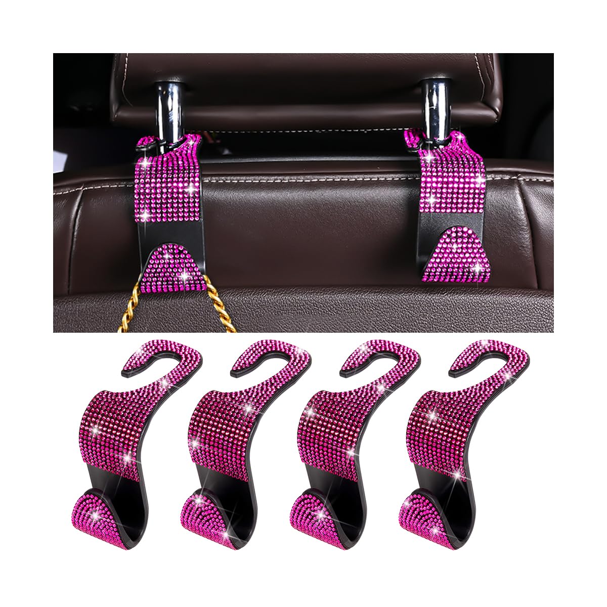 Zpana 4PCS Bling Car Seat Headrest Hooks, Crystal Rhinestones, Pink