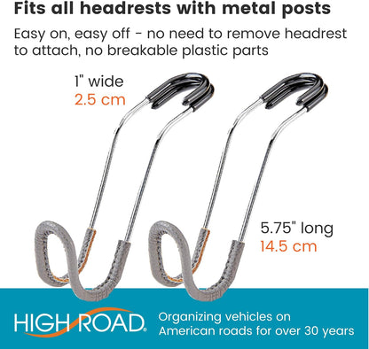 High Road Car Hooks for Purses and Bags with Leather Trim - Unbreakable Headrest Car Hooks for Large Purse Straps and Heavy Bags up to 40 lbs - Secure Attachment Loops Fit All Headrest Posts, 2-Pack