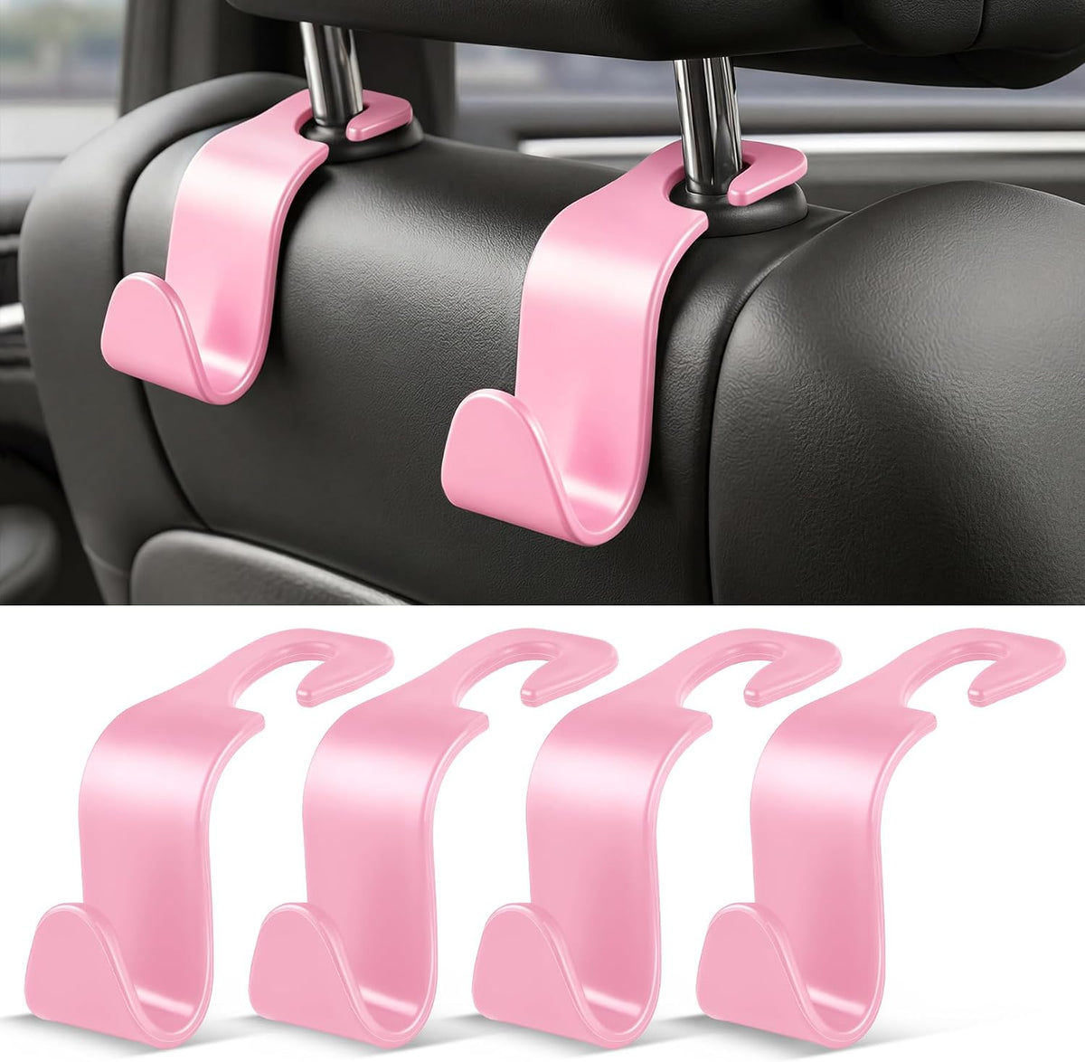 SINGARO 4 Pack Car Seat Headrest Hooks, Vehicle Back Seat Hanger Storage Organizer for Purse Handbag Backpack Coat Grocery, 360° Rotating Heavy Duty Holds 44lbs, Black