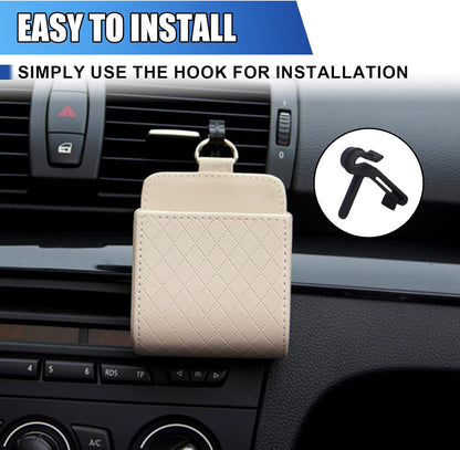 Car Vent Storage Bag, Leather Car Dashboard Organizer Pocket, Beige
