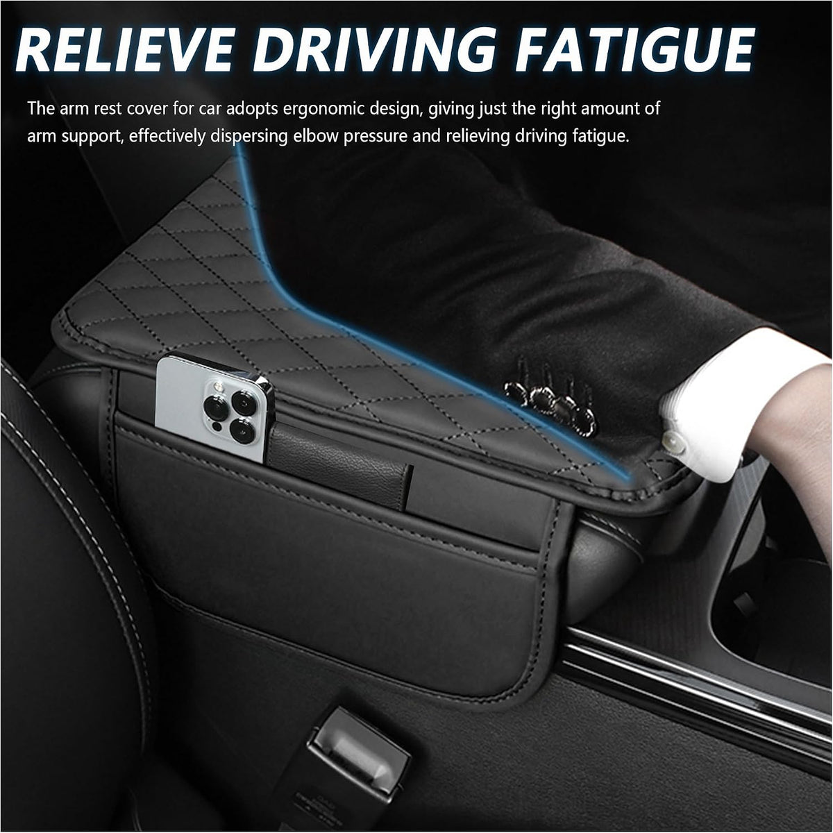 Stacool Upgraded Car Center Console Cover,Microfiber Leather Car Armrest Cover Cushion with 2 Storage Bags,Universal Car Armrest Storage Box (Black)