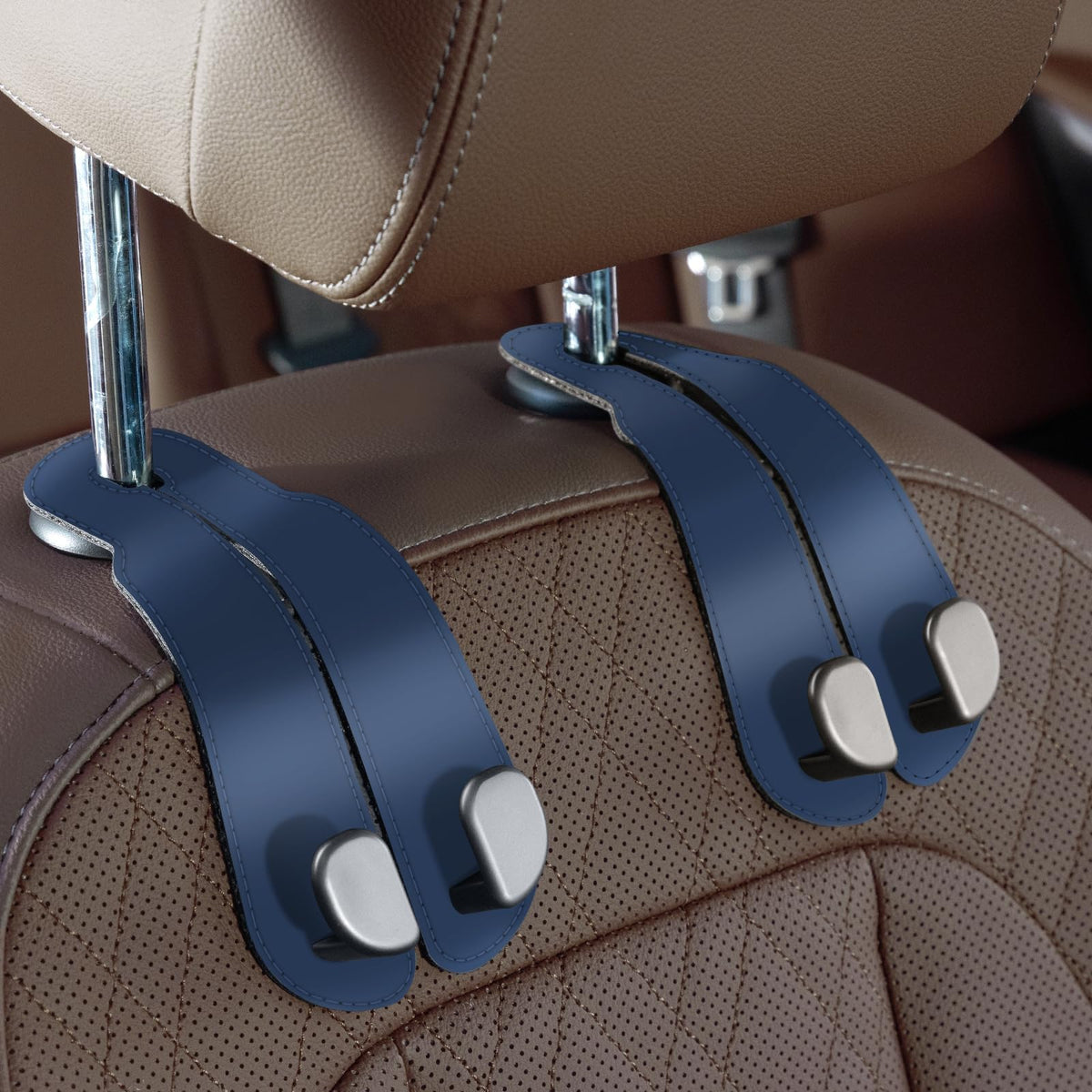 CoBak Purse Hook for Car - Universal Premium Stitched Leather and Aluminum-Magnesium Alloy Double Car Seat Back Storage Hook for Purses, Handbags, Bags (2 Pack),Amethyst Purple