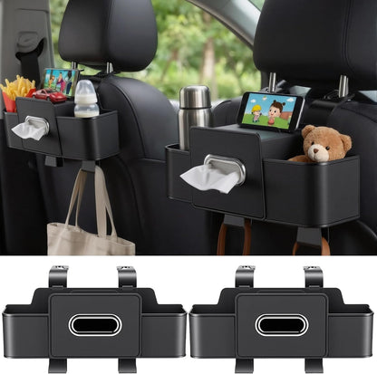 2 Pack Back Seat Car Organizers with Tissue Box and Cup Holders, Balck