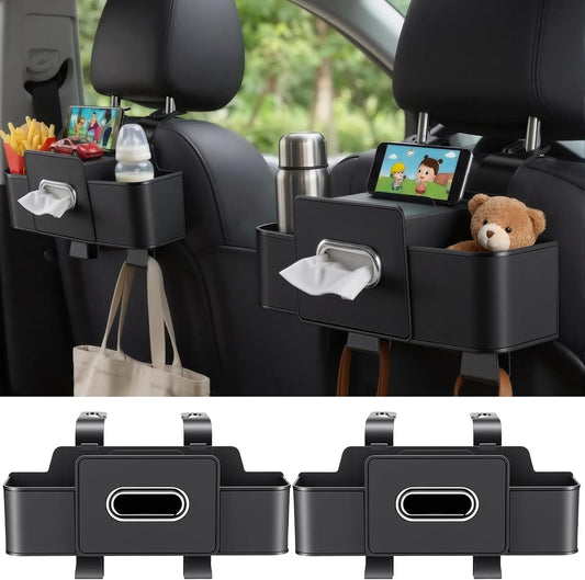2 Pack Back Seat Car Organizers with Tissue Box and Cup Holders, Balck