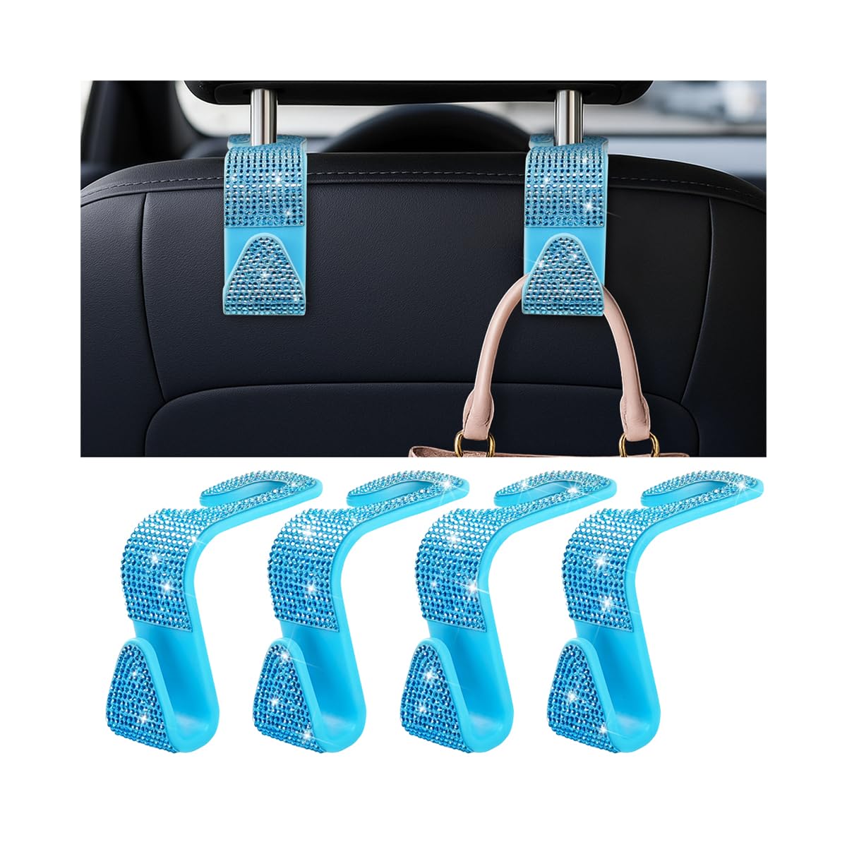 Zpana 4PCS Bling Car Seat Headrest Hooks, Crystal Rhinestones, Pink