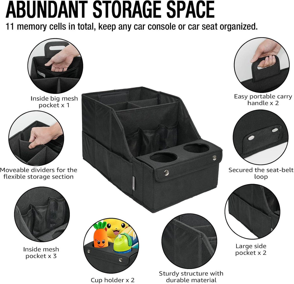 MULISOFT Car Backseat Organizer with 11 Compartments & 2 Cup Holders, Black