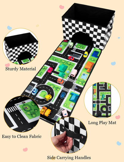 HFKPJRT Toy Car Storage Box with Play Mat, 2-in-1 Collapsible Car Organizer Garage with Racetrack, Large Toy Organizer Bin for Kids Boys Girls, Storage Container for Toys, Trucks, Vehicles