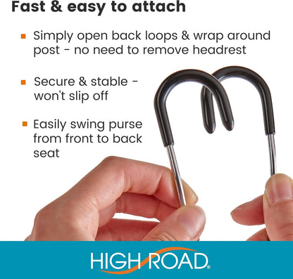 High Road Car Hooks for Purses and Bags with Leather Trim - Unbreakable Headrest Car Hooks for Large Purse Straps and Heavy Bags up to 40 lbs - Secure Attachment Loops Fit All Headrest Posts, 2-Pack
