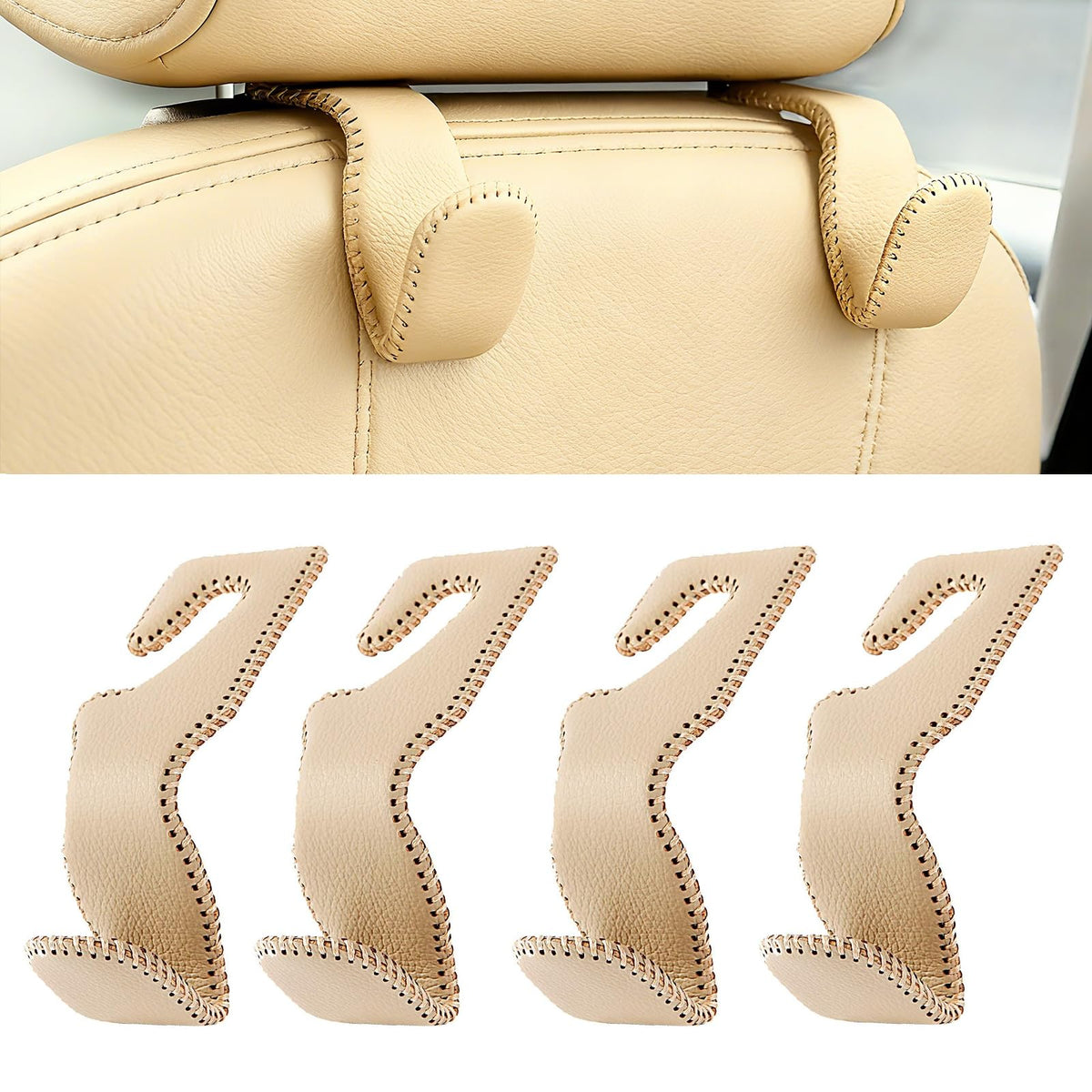 Headrest Hooks for Car, Back Seat Organizer Black Leather Hanger Holder Hook, for Hanging Purses and Bags and Coats, Pack of 2