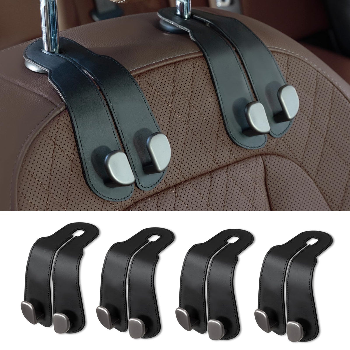CoBak Purse Hook for Car - Universal Premium Stitched Leather and Aluminum-Magnesium Alloy Double Car Seat Back Storage Hook for Purses, Handbags, Bags (2 Pack),Amethyst Purple