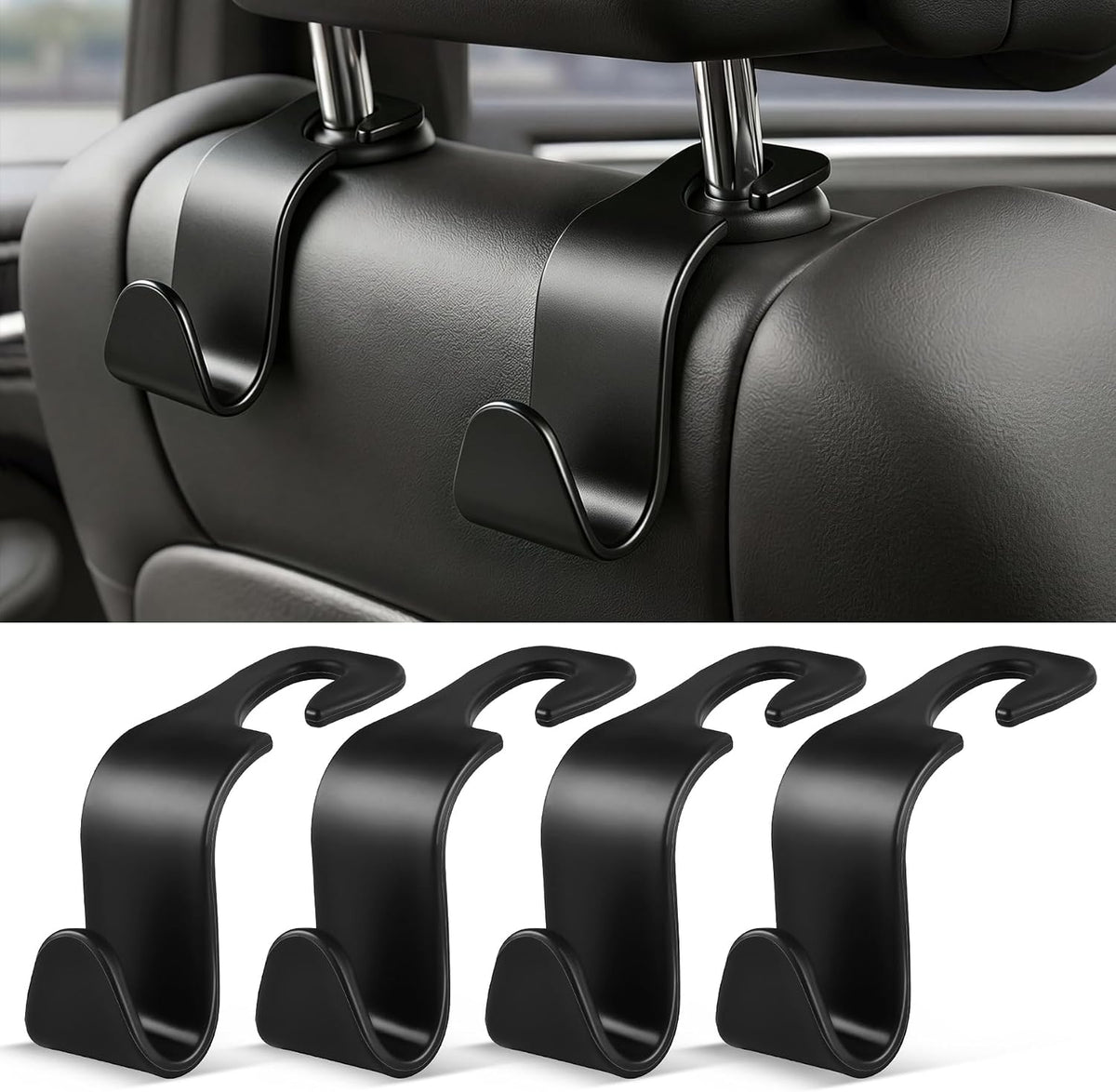 SINGARO 4 Pack Car Seat Headrest Hooks, Vehicle Back Seat Hanger Storage Organizer for Purse Handbag Backpack Coat Grocery, 360° Rotating Heavy Duty Holds 44lbs, Black