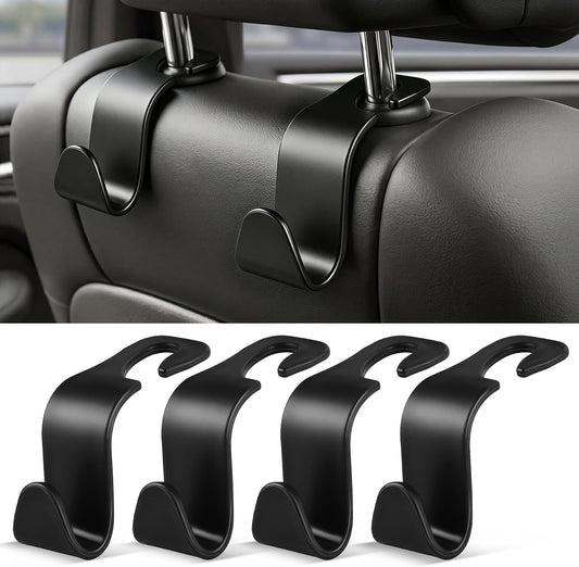 SINGARO 4 Pack Car Seat Headrest Hooks, Vehicle Back Seat Hanger Storage Organizer for Purse Handbag Backpack Coat Grocery, 360° Rotating Heavy Duty Holds 44lbs, Black