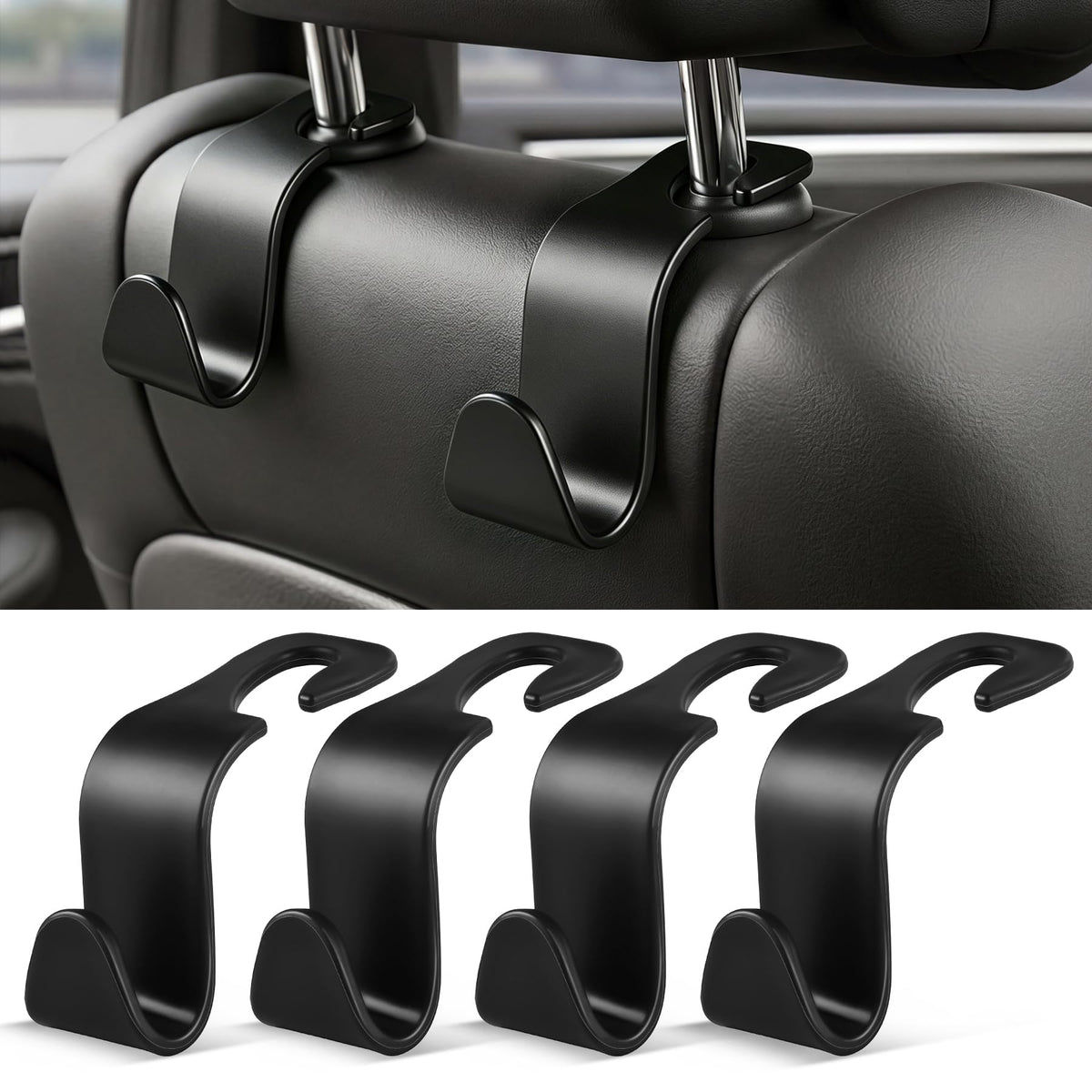 SINGARO 4 Pack Car Seat Headrest Hooks, Vehicle Back Seat Hanger Storage Organizer for Purse Handbag Backpack Coat Grocery, 360° Rotating Heavy Duty Holds 44lbs, Black