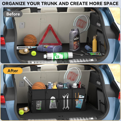 Car Trunk Organizer SUV Collapsible Car Caddy Truck Storage Heavy Duty Oxford Car Grocery Organizer for Cargo Van Jeep Sedan with 2 Large Compartments, 6 Pockets, 4 Adjustable Straps, 2 Handles 60L
