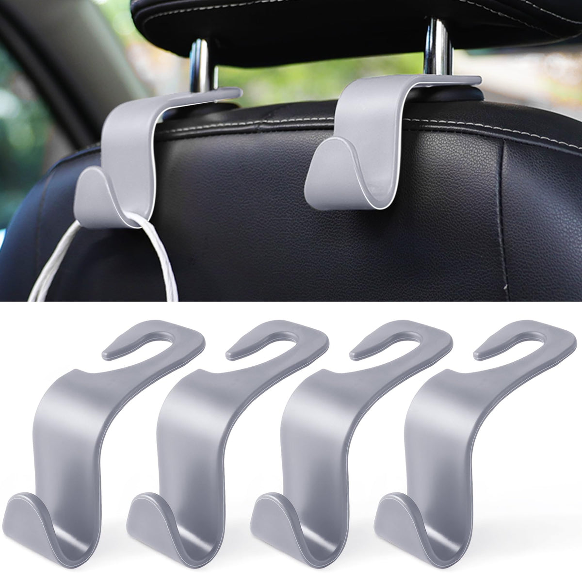 LivTee Car Seat Headrest Hook, Auto Seat Hook Hangers Storage Organizer Interior Accessories for Purse Coats Umbrellas Grocery Bags Handbag, 4-Pack