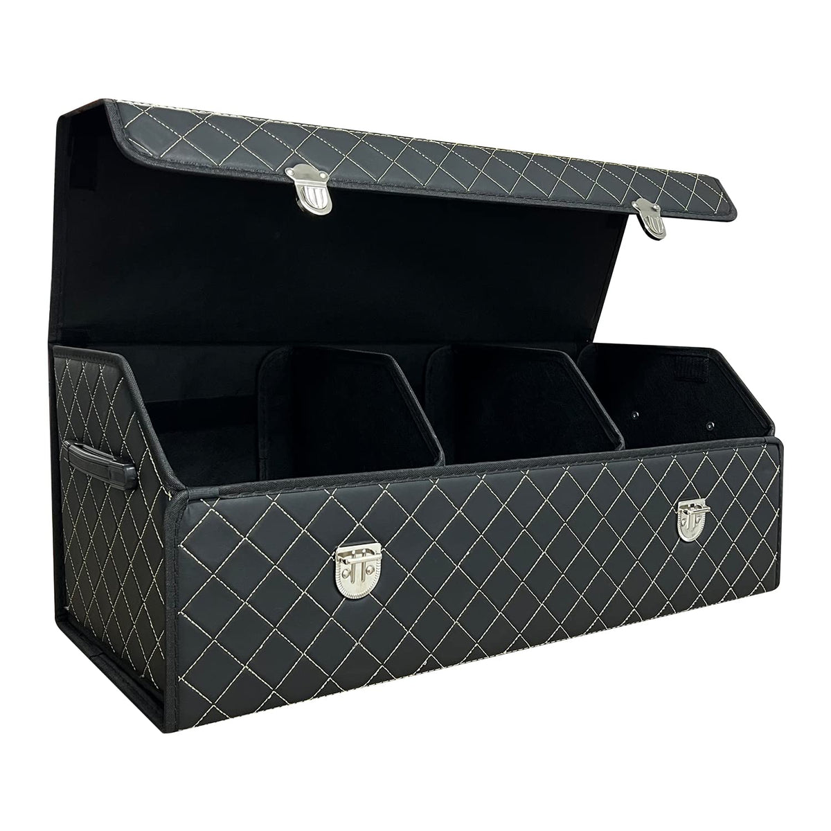 Trunk Organizer for Car With Lid,Foldable Trunk Organizer for SUVs & Sedans,Multi-Functional Leather Storage Box- Black Grid - Small