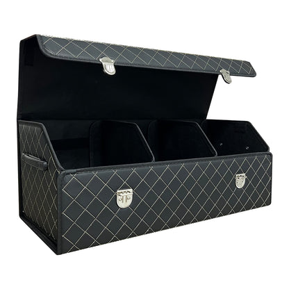 Trunk Organizer for Car With Lid,Foldable Trunk Organizer for SUVs & Sedans,Multi-Functional Leather Storage Box- Black Grid - Small