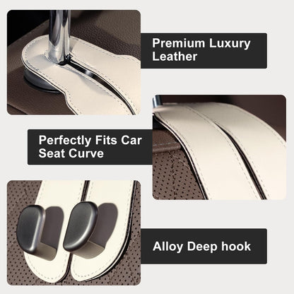 CoBak Purse Hook for Car - Universal Premium Stitched Leather and Aluminum-Magnesium Alloy Double Car Seat Back Storage Hook for Purses, Handbags, Bags (2 Pack),Beige