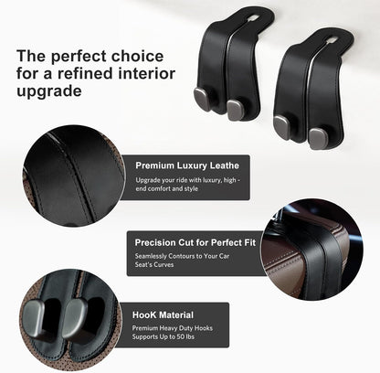 CoBak Purse Hook for Car - Universal Premium Stitched Leather and Aluminum-Magnesium Alloy Double Car Seat Back Storage Hook for Purses, Handbags, Bags (4 Pack),Black