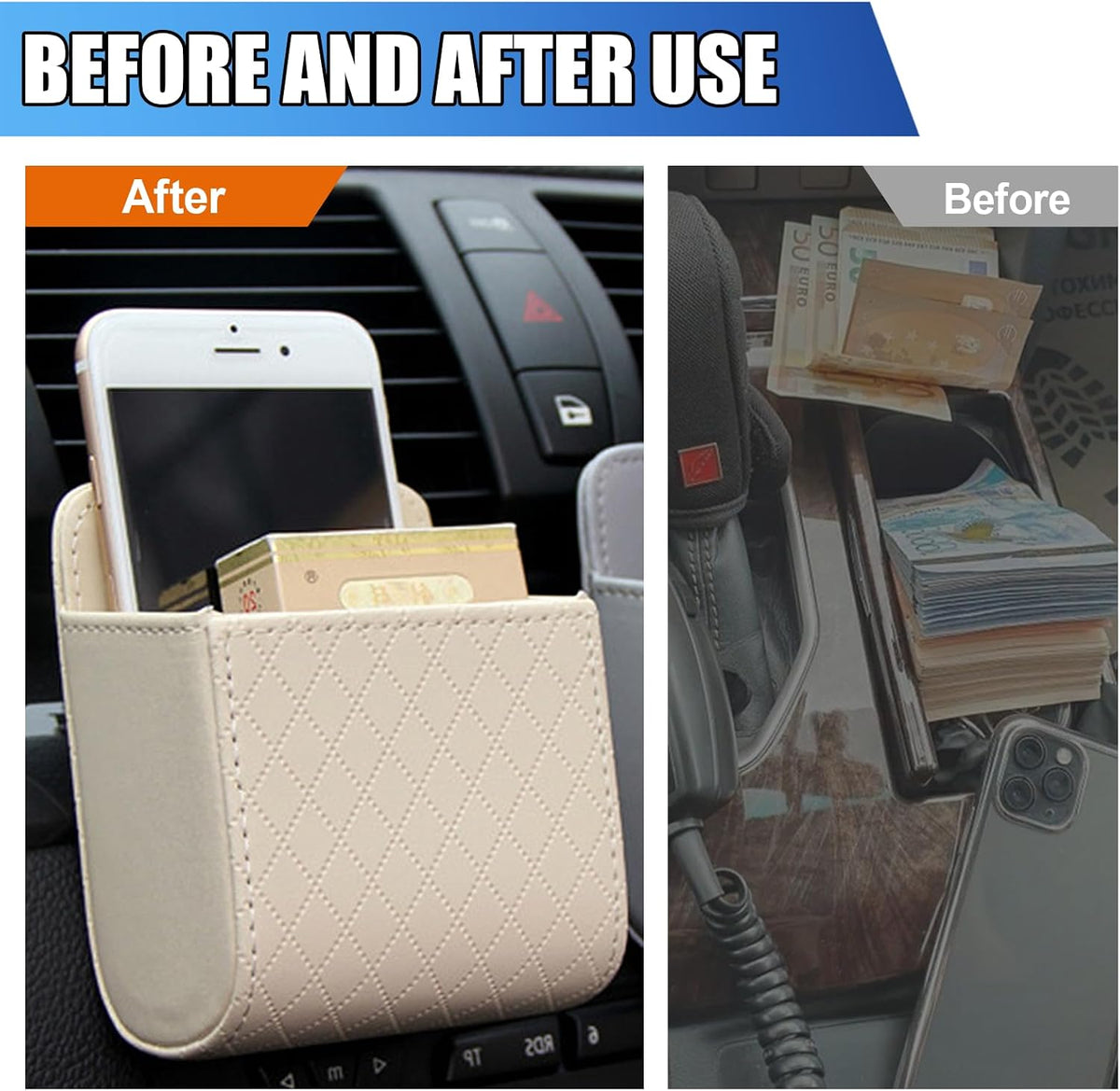 Car Vent Storage Bag, Leather Car Dashboard Organizer Pocket, Beige