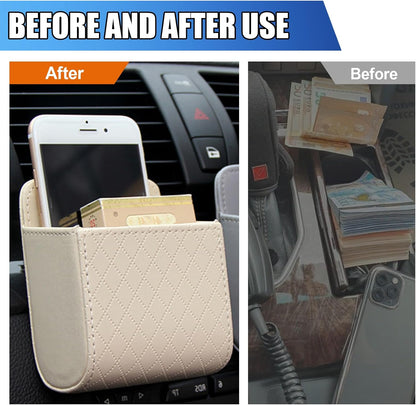 Car Vent Storage Bag, Leather Car Dashboard Organizer Pocket, Beige
