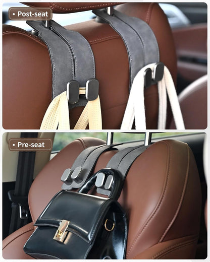 Headrest Hooks for Car, 4 Pack Car Seat Back Organizer Storage Hook, Double Hook Car Seat Hooks for Hanger Purses and Bags, Leather Purse Holder for Car, Grey