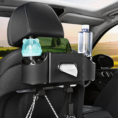 Back Seat Car Organizer,4 in 1 Multifunctional Car Back Seat Storage Box with Drink Cup Holder Tissue Box, for Hold Phone,Snacks, Drinks, Handbag-Black-2Packs