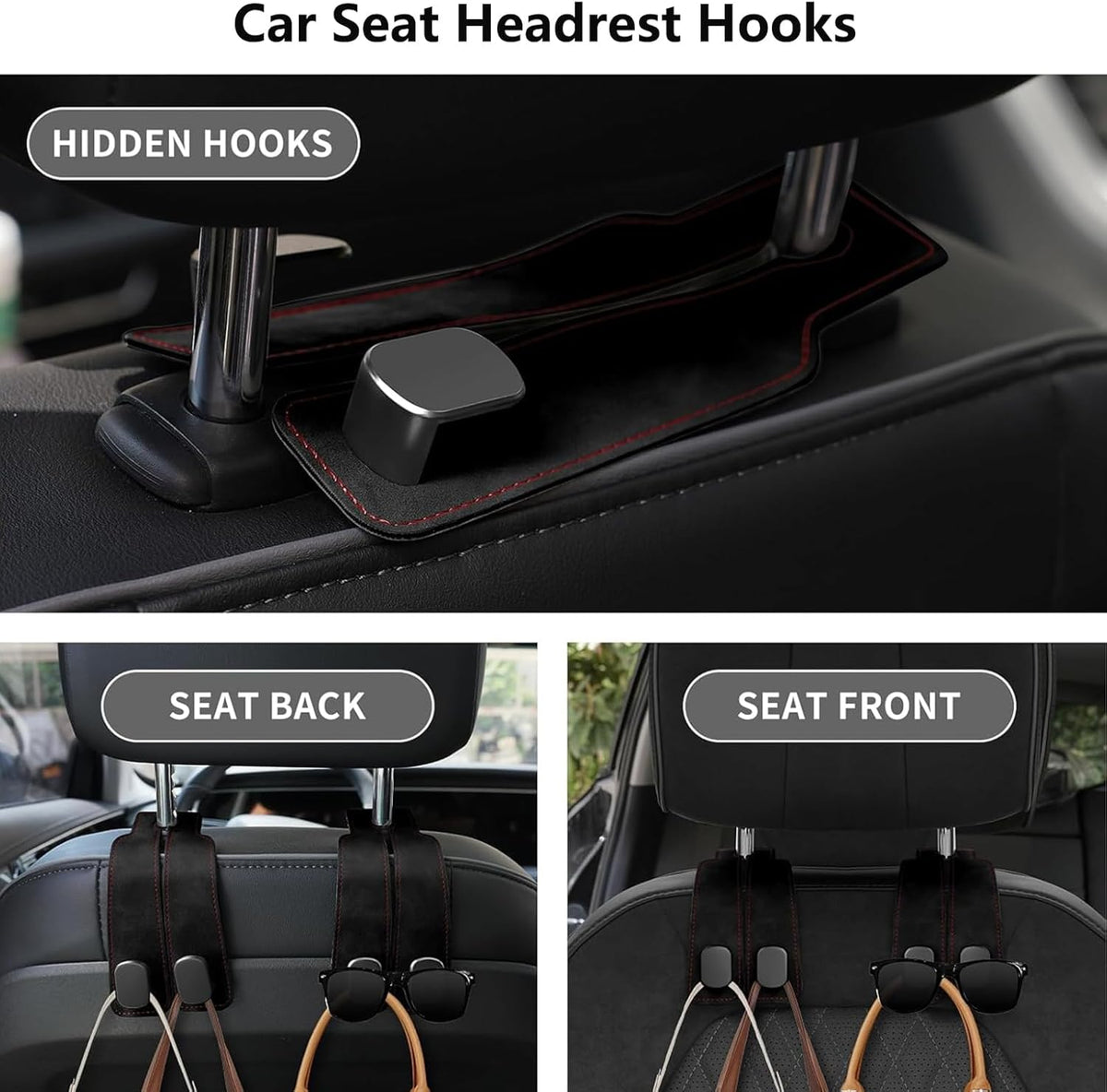 2 Pack Black Leather Car Headrest Hooks Purse Bag Storage Holders for Car Seats