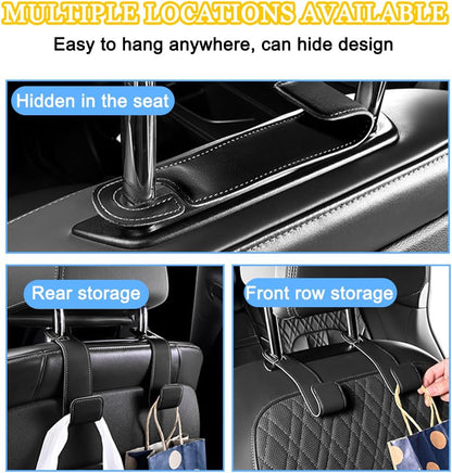 2PCS Car Seat Headrest Hook, Leather Vehicle Seatback Organizer Hanger for Hanging Purses Bags Coats, Auto Seat Back Storage Hook Accessories, Universal for SUV, Sedan, Truck (Black)