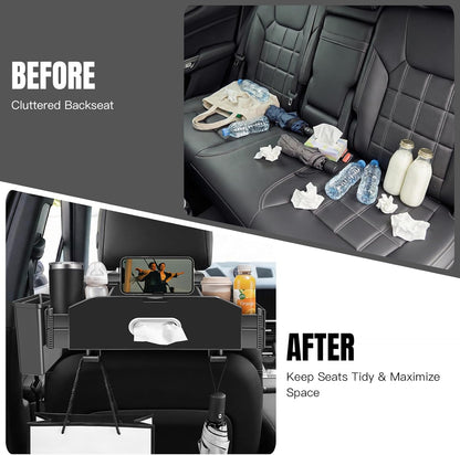 Back Seat Car Organizer, Extendable Cup Holder, Tissue Holder & Hooks