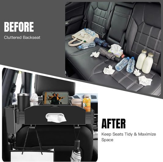 Back Seat Car Organizer, Extendable Cup Holder, Tissue Holder & Hooks