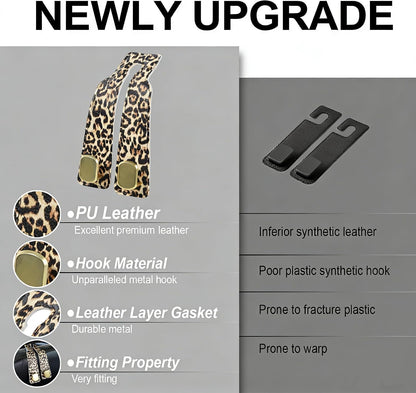 Car Seat Hooks for Headrest, Purse Hook & Back Storage Hook, Zinc Alloy & Leather Material Heavy Duty Car Hooks for Purses and Bags,Universal Fit for Most Vehicles (Leopard-2 Pack)