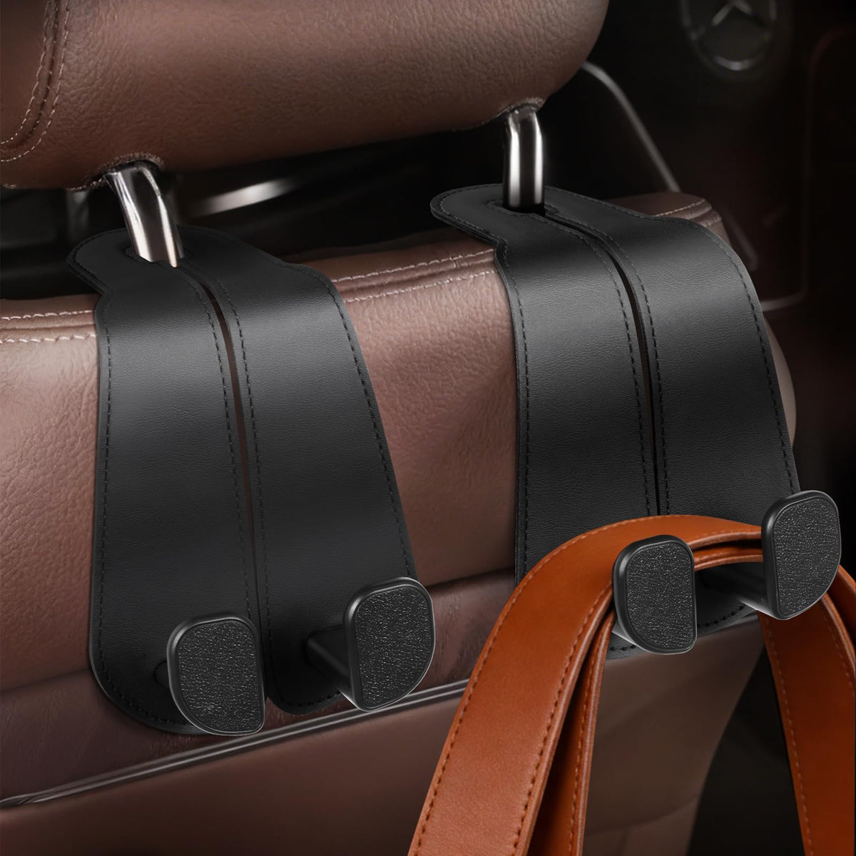 CoBak Purse Hook for Car - Universal Premium Stitched Leather and Aluminum-Magnesium Alloy Double Car Seat Back Storage Hook for Purses, Handbags, Bags (2 Pack),SageGreen