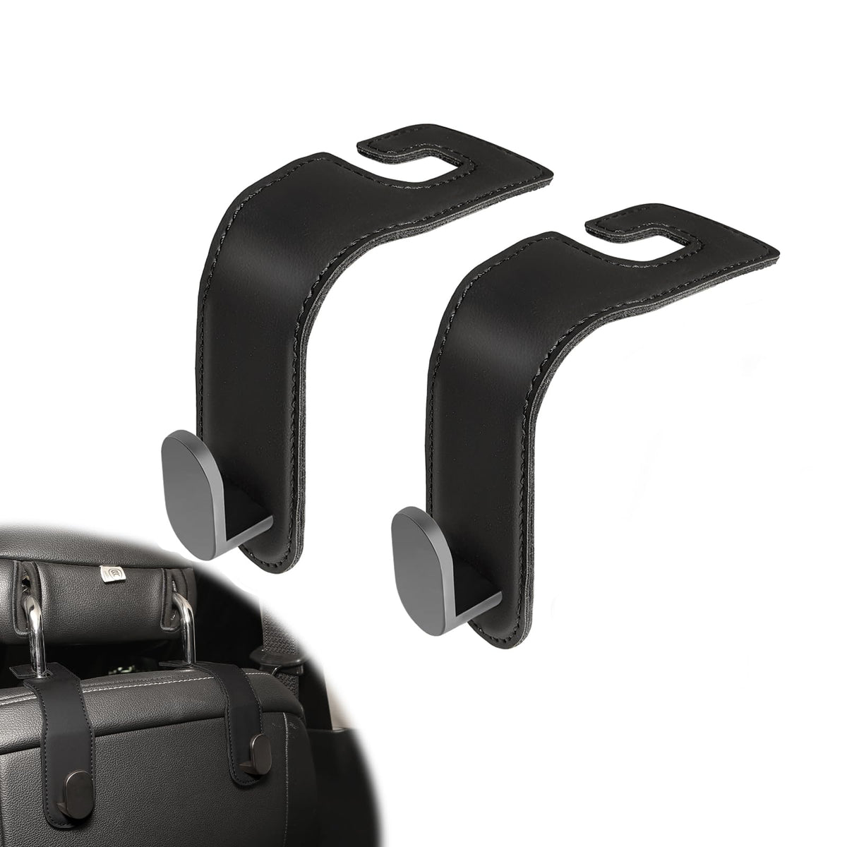 4-Pack Car Seat Hooks for Headrest, PU Leather & Stainless Steel Seat Organizer for Purses, Bags (Holds 44 lbs),Car Seat Hooks Universal Fit for All Cars, Easy Installation
