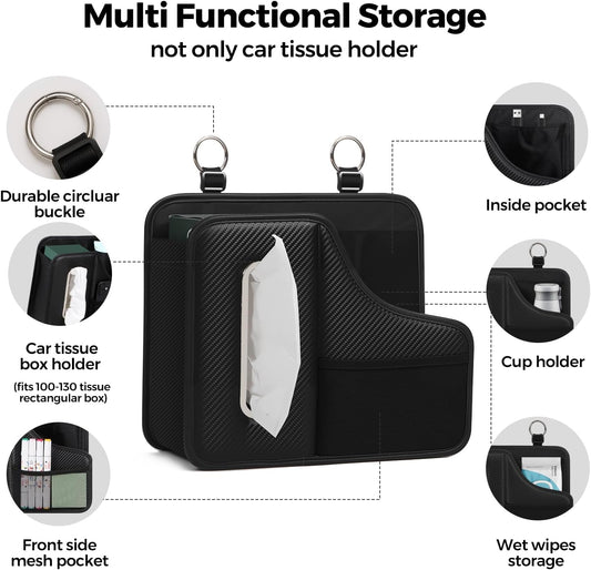Car Tissue Holder,Back Seat Organizer with Cup Holder,Multifunctional Car Headrest Seat Back Storage,Snack Organizers for Kids,Large Tissue Box Cover Fit for 100-130 Regular Size Tissues