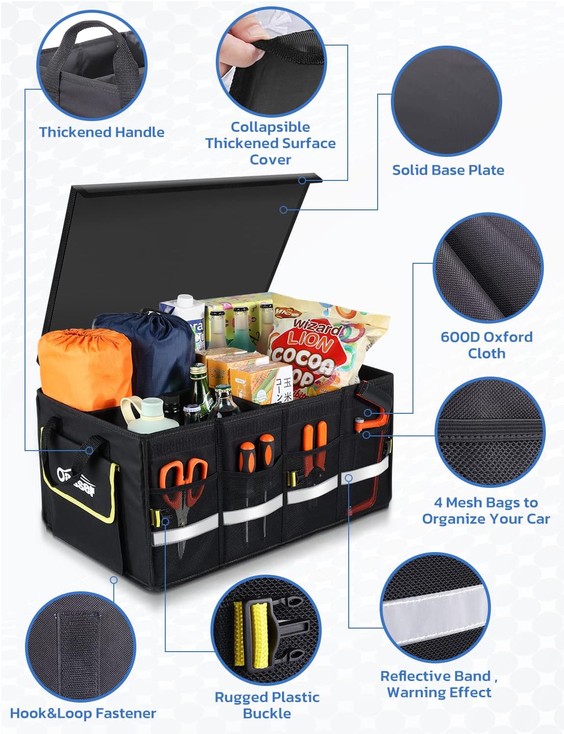 Oasser Car Trunk Organizer with Foldable Soft Lid, 55L 3 Compartments Black