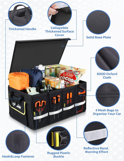 Oasser Car Trunk Organizer with Foldable Soft Lid, 55L 3 Compartments Black