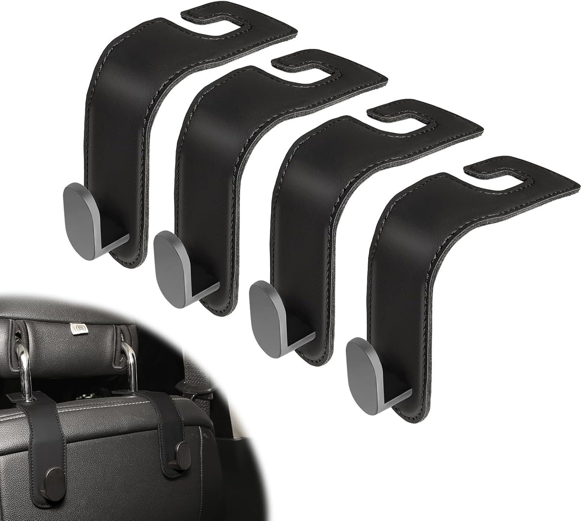 4-Pack Car Seat Hooks for Headrest, PU Leather & Stainless Steel Seat Organizer for Purses, Bags (Holds 44 lbs),Car Seat Hooks Universal Fit for All Cars, Easy Installation