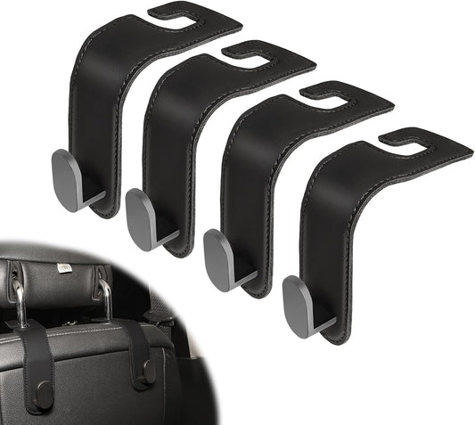 4-Pack Car Seat Hooks for Headrest, PU Leather & Stainless Steel Seat Organizer for Purses, Bags (Holds 44 lbs),Car Seat Hooks Universal Fit for All Cars, Easy Installation
