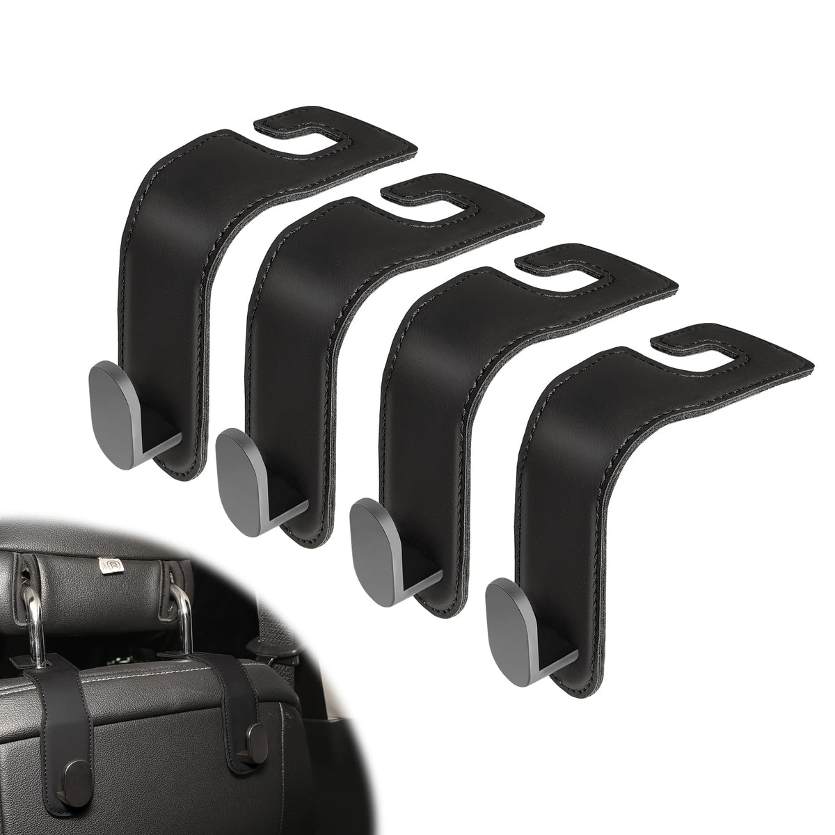 4-Pack Car Seat Hooks for Headrest, PU Leather & Stainless Steel Seat Organizer for Purses, Bags (Holds 44 lbs),Car Seat Hooks Universal Fit for All Cars, Easy Installation