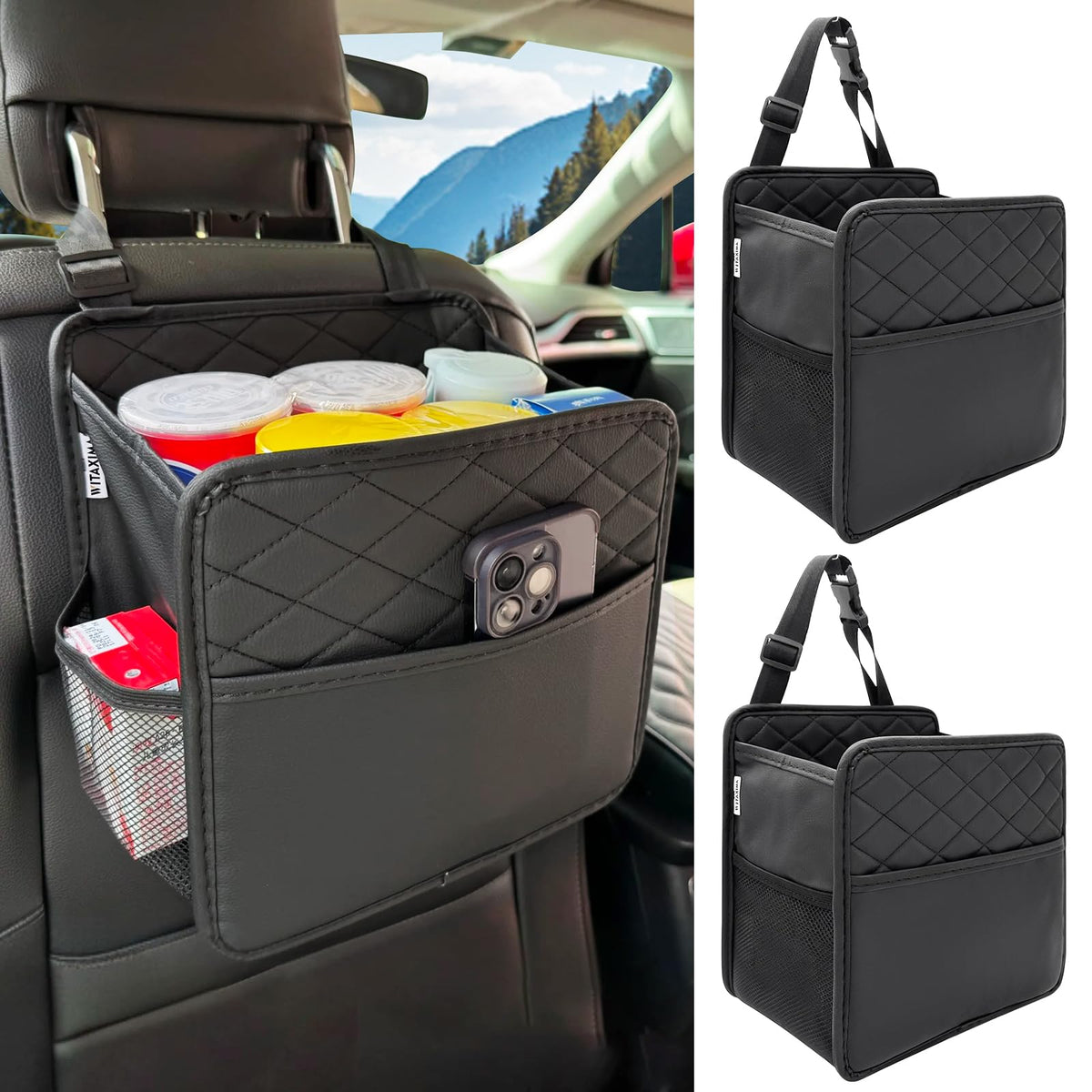 Witaxima Upgrade Car Seat Organizer Backseat with Storage Pockets, Multipurpose Car Organizer Hanging, Car Trash Bag Can,Premium PU Leather Garbage Can 2.14 Gallon Large Capacity, Black.