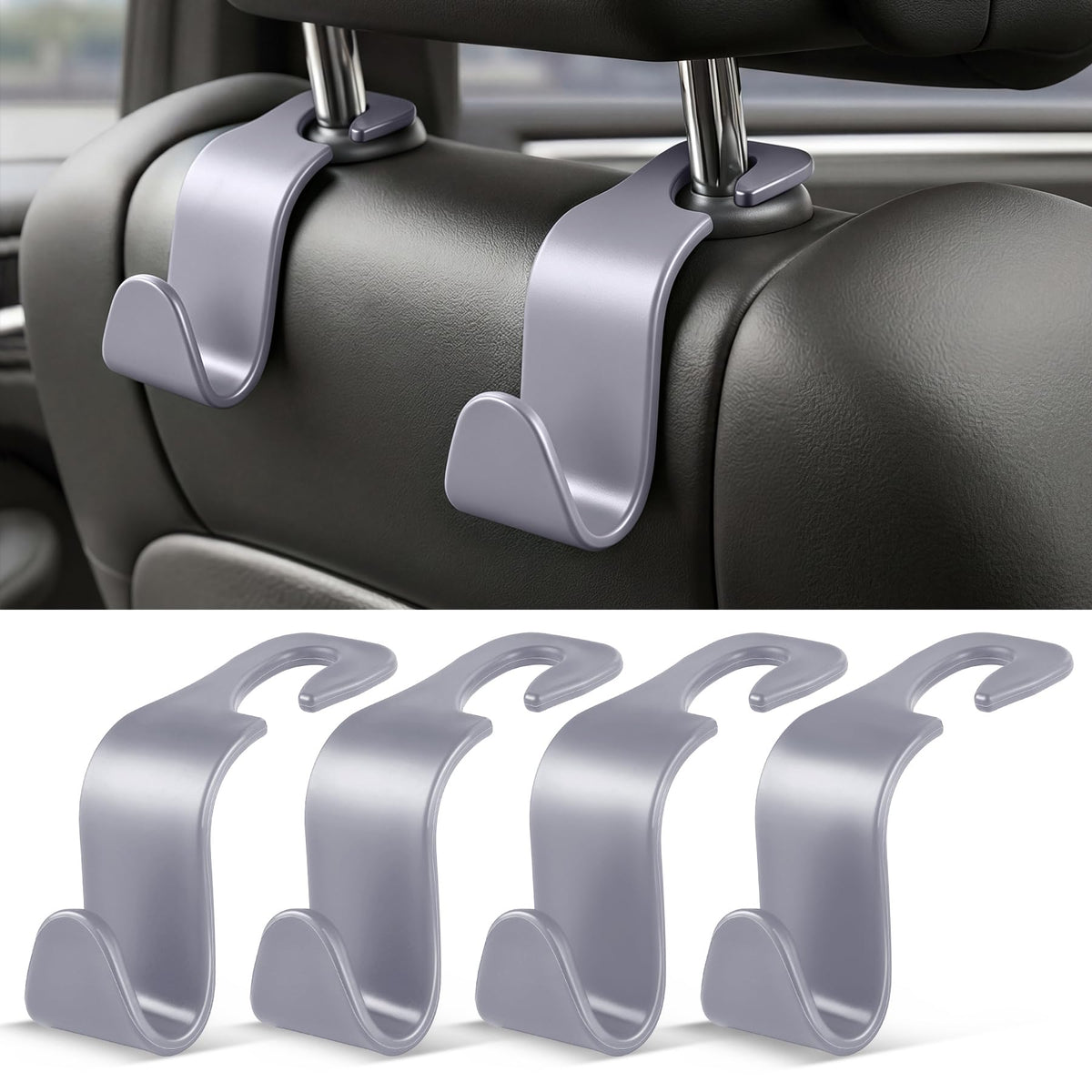 SINGARO 4 Pack Car Seat Headrest Hooks, Vehicle Back Seat Hanger Storage Organizer for Purse Handbag Backpack Coat Grocery, 360° Rotating Heavy Duty Holds 44lbs, Black