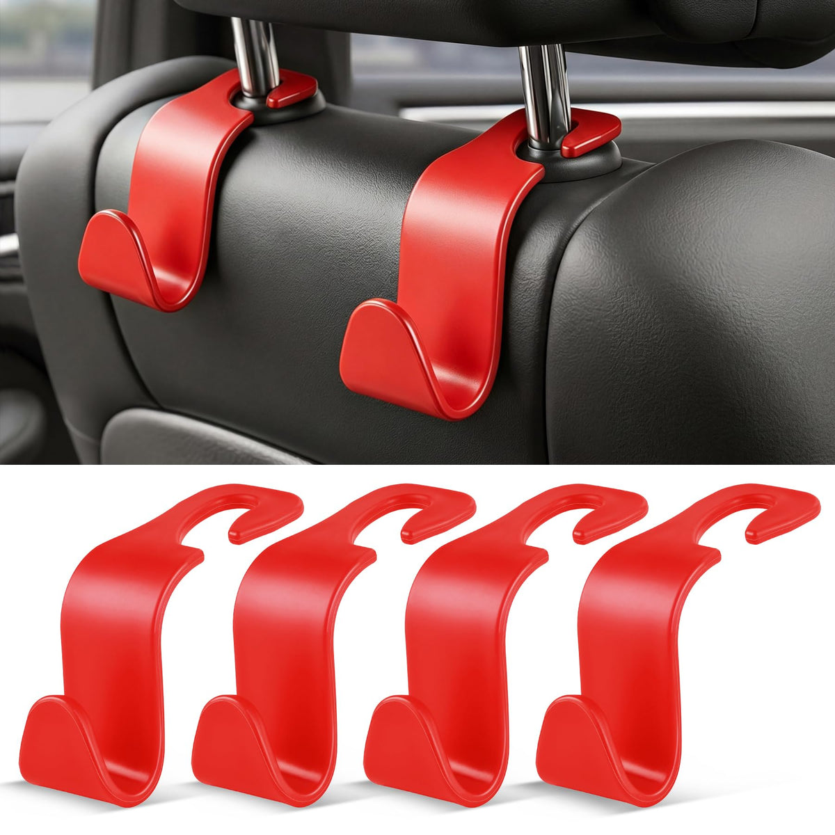 SINGARO 4 Pack Car Seat Headrest Hooks, Vehicle Back Seat Hanger Storage Organizer for Purse Handbag Backpack Coat Grocery, 360° Rotating Heavy Duty Holds 44lbs, Black