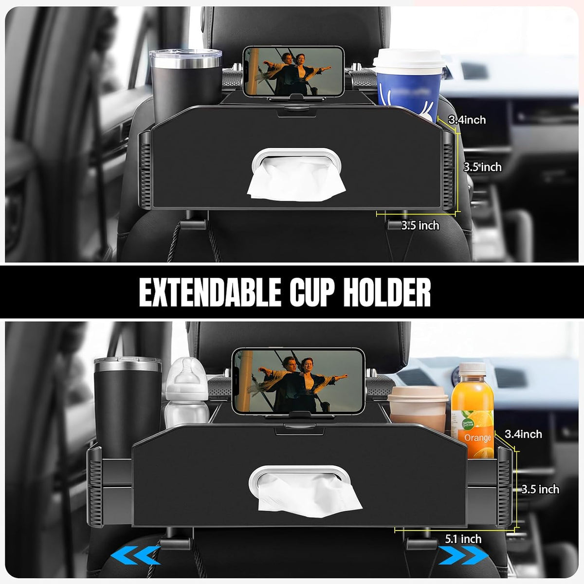 Back Seat Car Organizer, Extendable Cup Holder, Tissue Holder & Hooks
