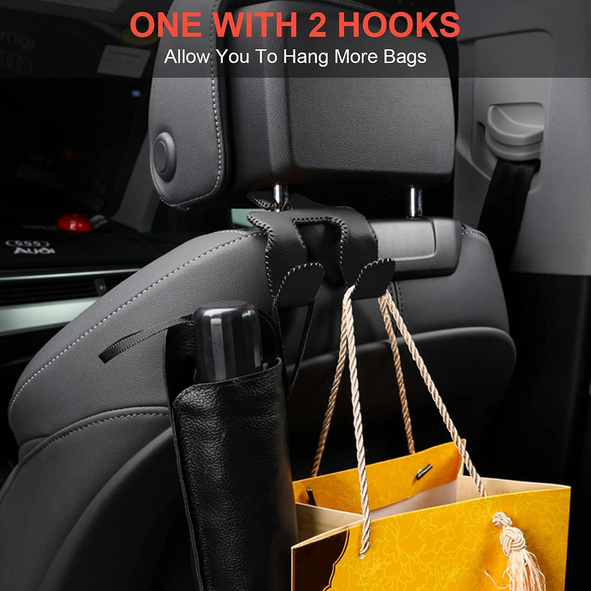 AMVOYOA 【2021 Upgraded】 Car Purse Hook, 2 in 1 Car Seat Headrest Hooks Durable Hanger Storage Holder Leather Organizer for Hanging Grocery Bags, 1 Pack, Beige