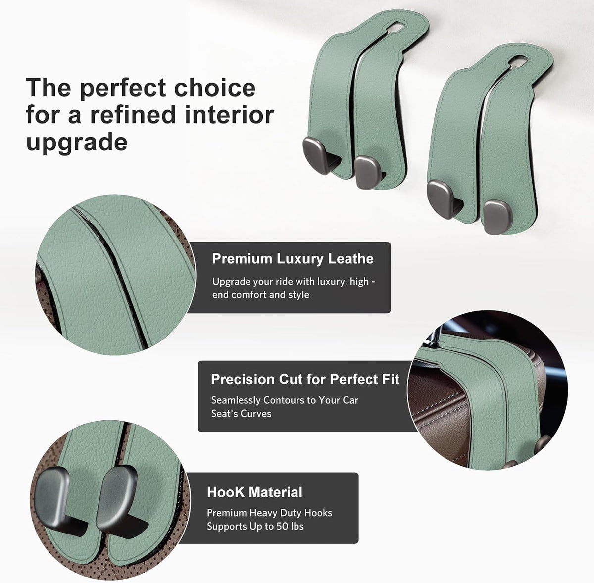 CoBak Purse Hook for Car - Universal Premium Stitched Leather and Aluminum-Magnesium Alloy Double Car Seat Back Storage Hook for Purses, Handbags, Bags (2 Pack),SageGreen