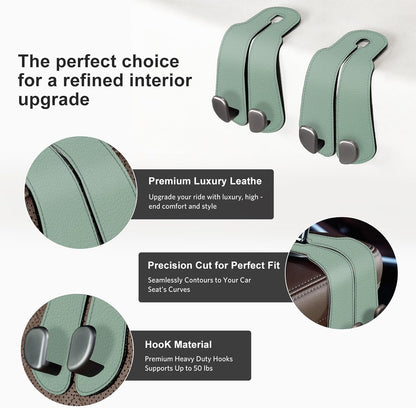 CoBak Purse Hook for Car - Universal Premium Stitched Leather and Aluminum-Magnesium Alloy Double Car Seat Back Storage Hook for Purses, Handbags, Bags (2 Pack),SageGreen