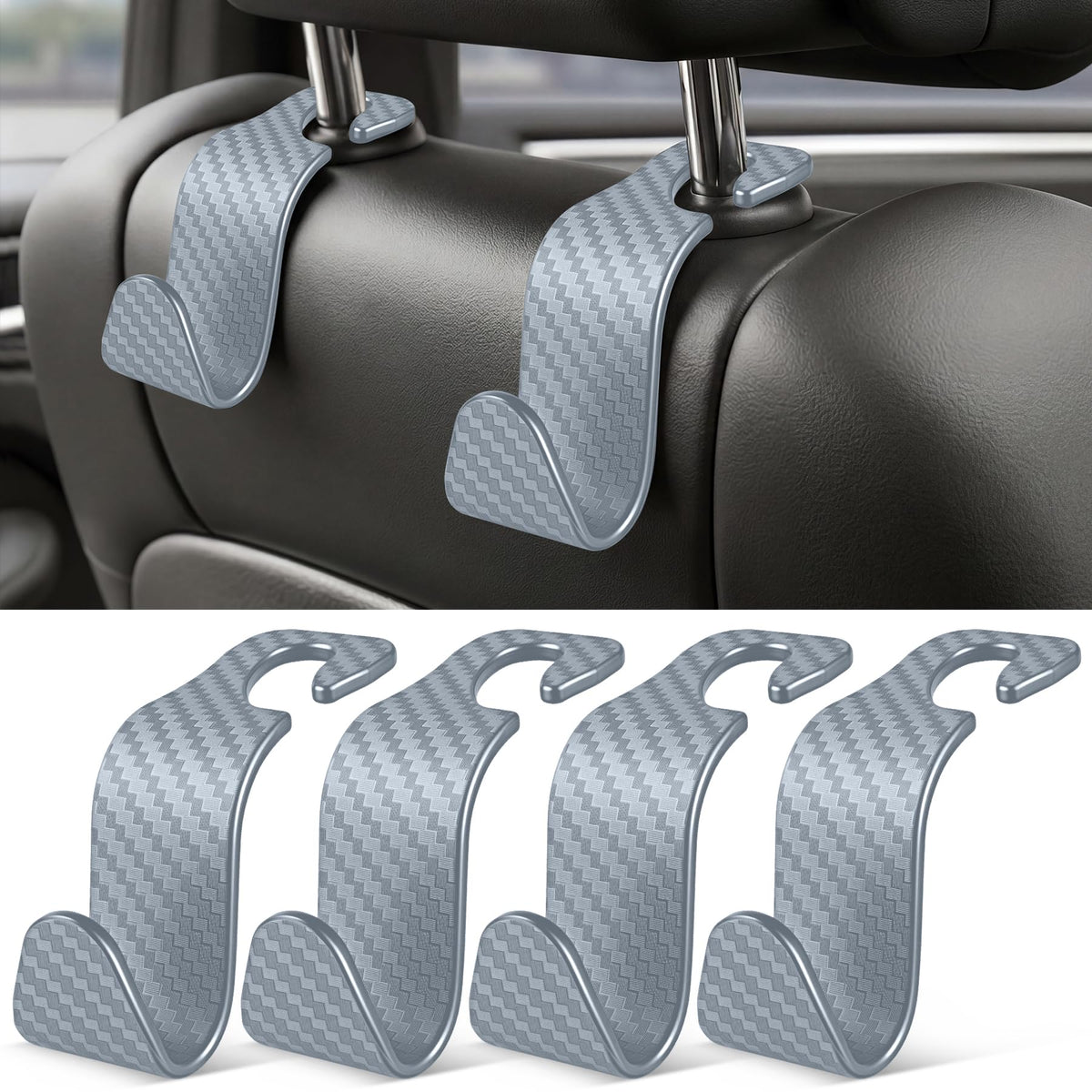 SINGARO 4 Pack Car Seat Headrest Hooks, Vehicle Back Seat Hanger Storage Organizer for Purse Handbag Backpack Coat Grocery, 360° Rotating Heavy Duty Holds 44lbs, Black