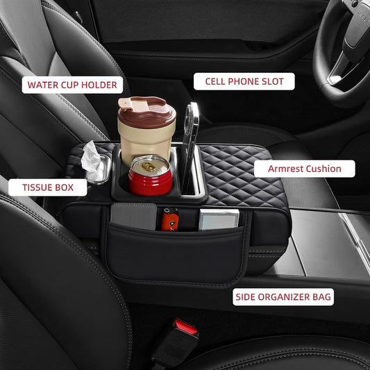5 in 1 Nappa Leather Console Armrest Cover, Black